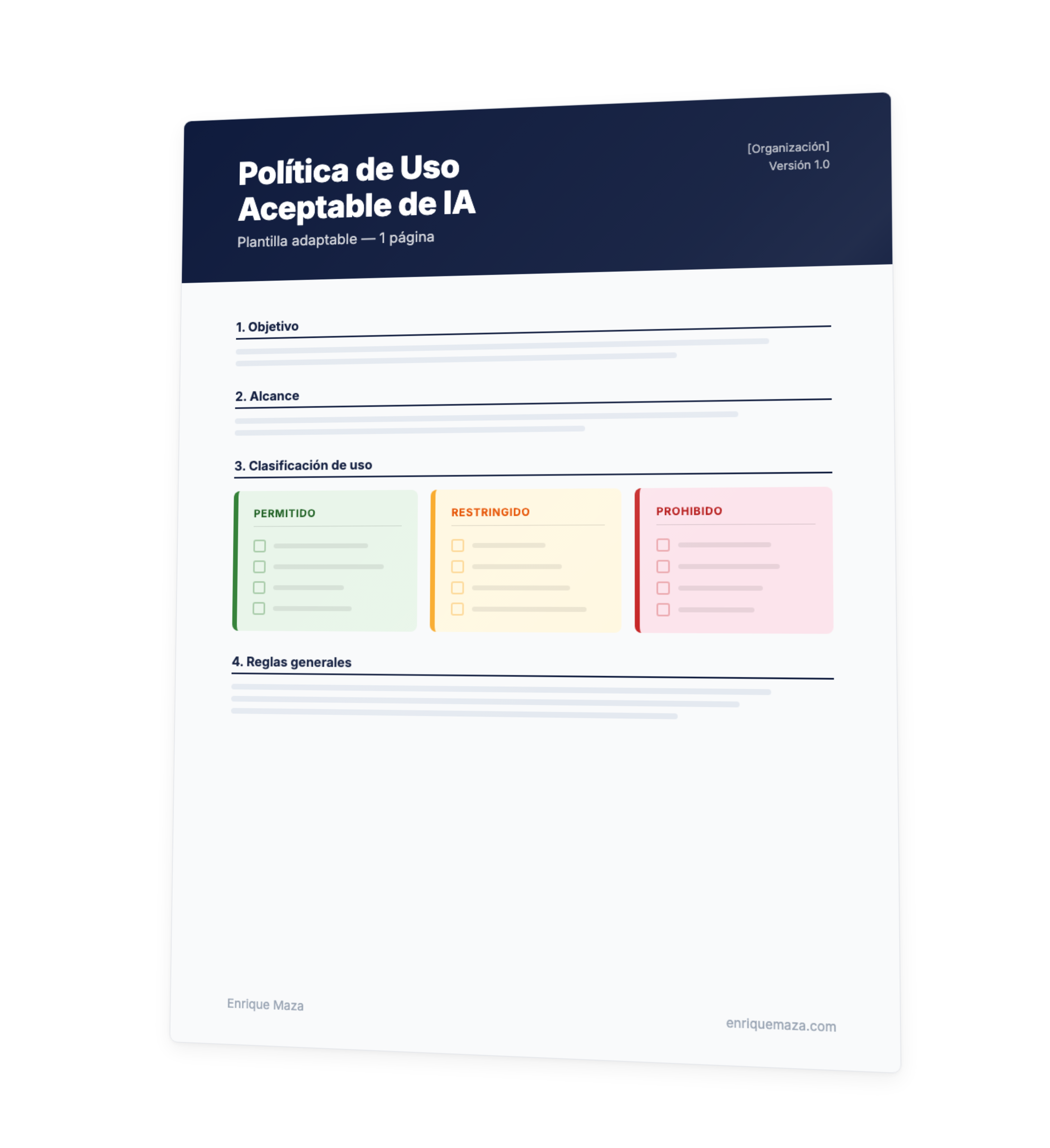 Cover de la plantilla descargable: Política de uso aceptable de la IA con sistema semáforo en una página