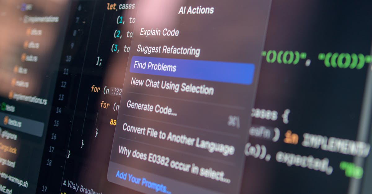 Pantalla con código y menú de asistencia IA — metáfora visual del código generado por modelos de lenguaje