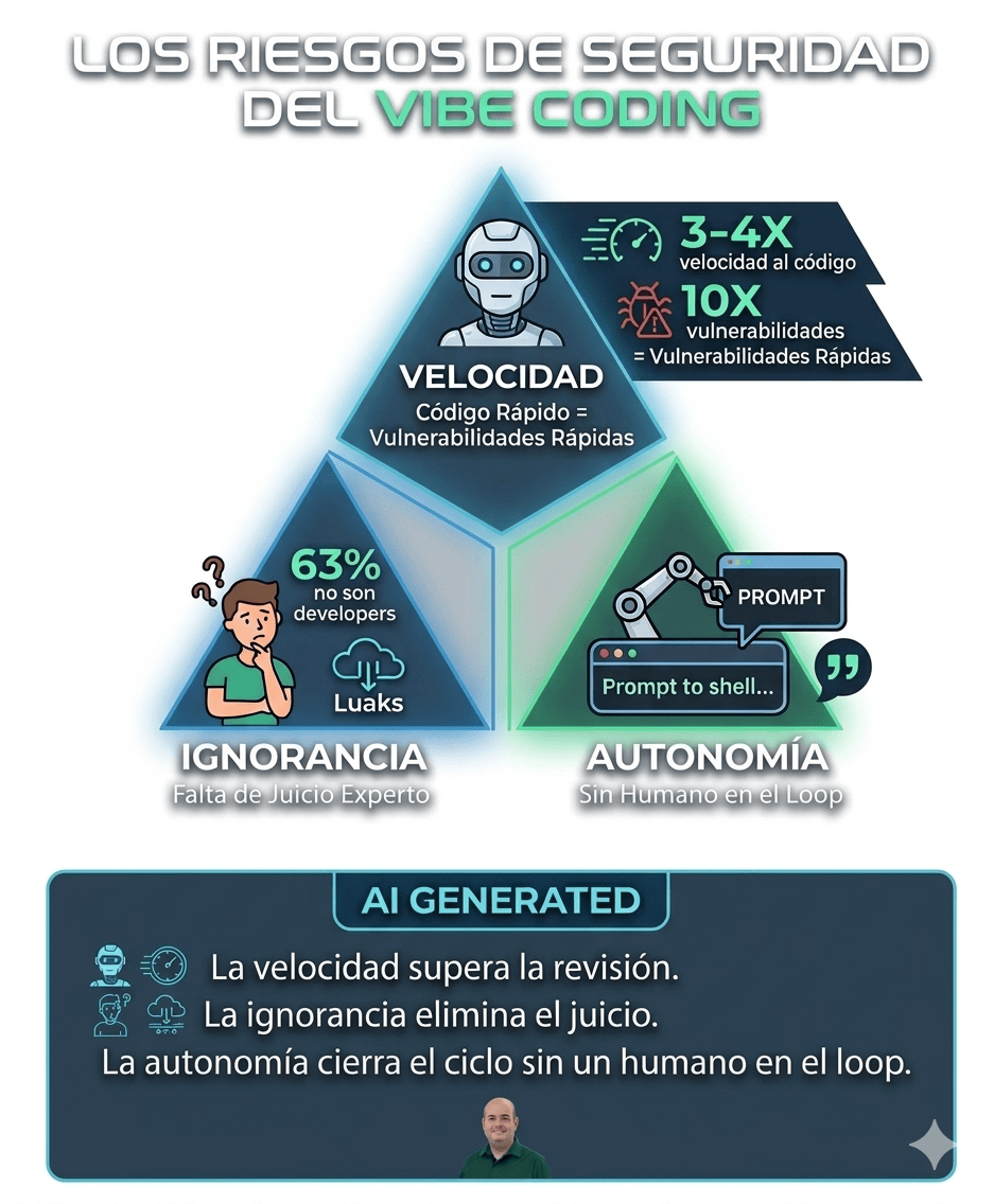 Infografía del triángulo mortal del vibe coding con tres vértices: Velocidad (3-4× código, 10× vulnerabilidades), Ignorancia (63% no son developers) y Autonomía (prompt to shell).